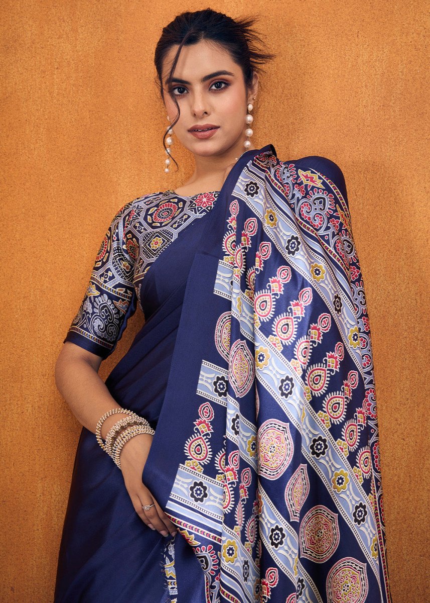 Berry Blue Satin Crepe Ajrakh Gala Printed Saree - House of Sarvati LLC