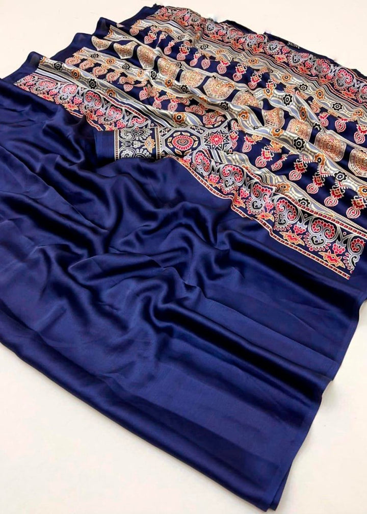 Berry Blue Satin Crepe Ajrakh Gala Printed Saree - House of Sarvati LLC