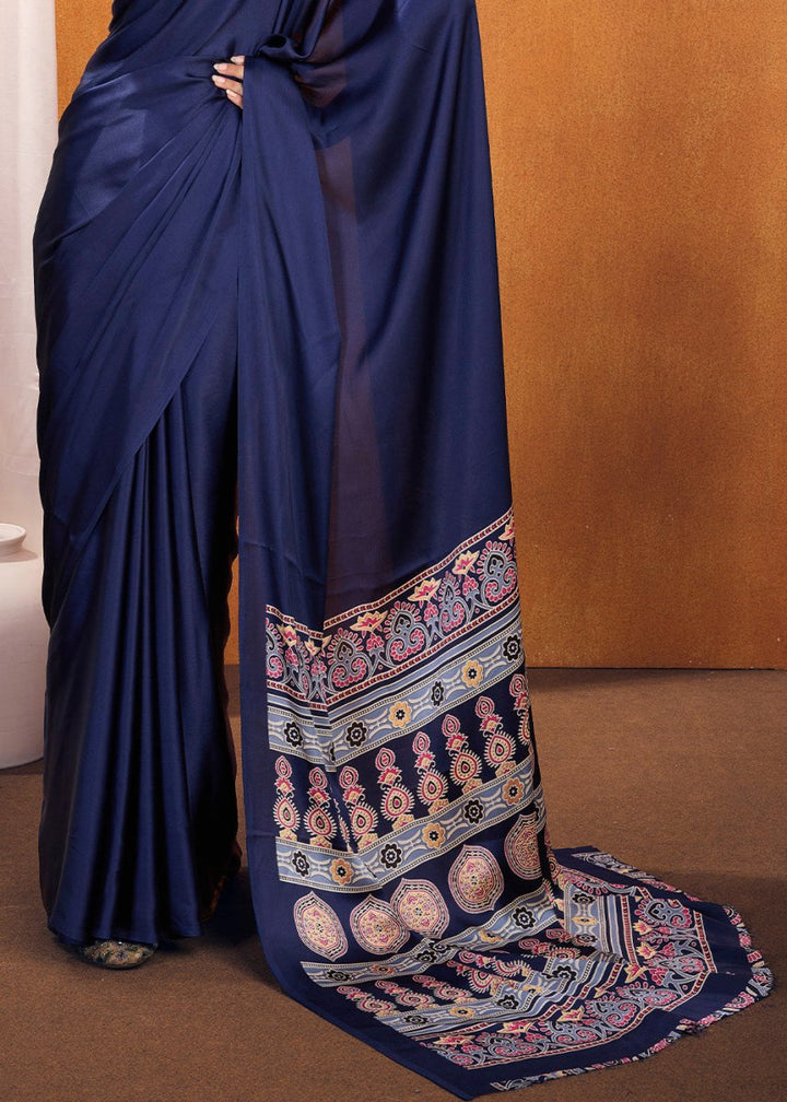 Berry Blue Satin Crepe Ajrakh Gala Printed Saree - House of Sarvati LLC