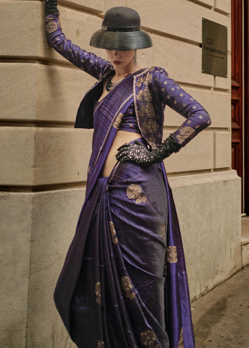 Berry Blue Zari Woven Saree In Soft Satin Silk With Luxe Finish - House of Sarvati LLC