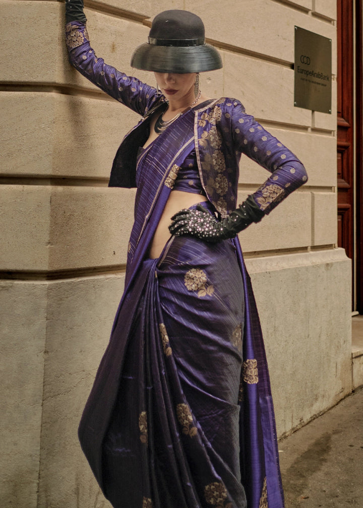 Berry Blue Zari Woven Saree In Soft Satin Silk With Luxe Finish - House of Sarvati LLC