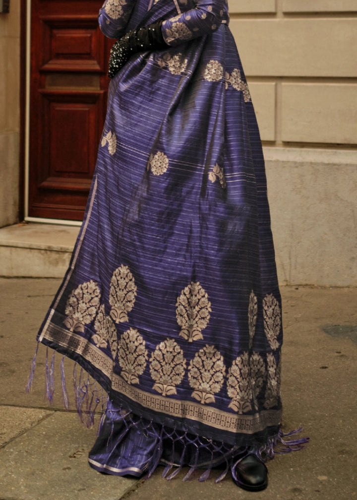 Berry Blue Zari Woven Saree In Soft Satin Silk With Luxe Finish - House of Sarvati LLC