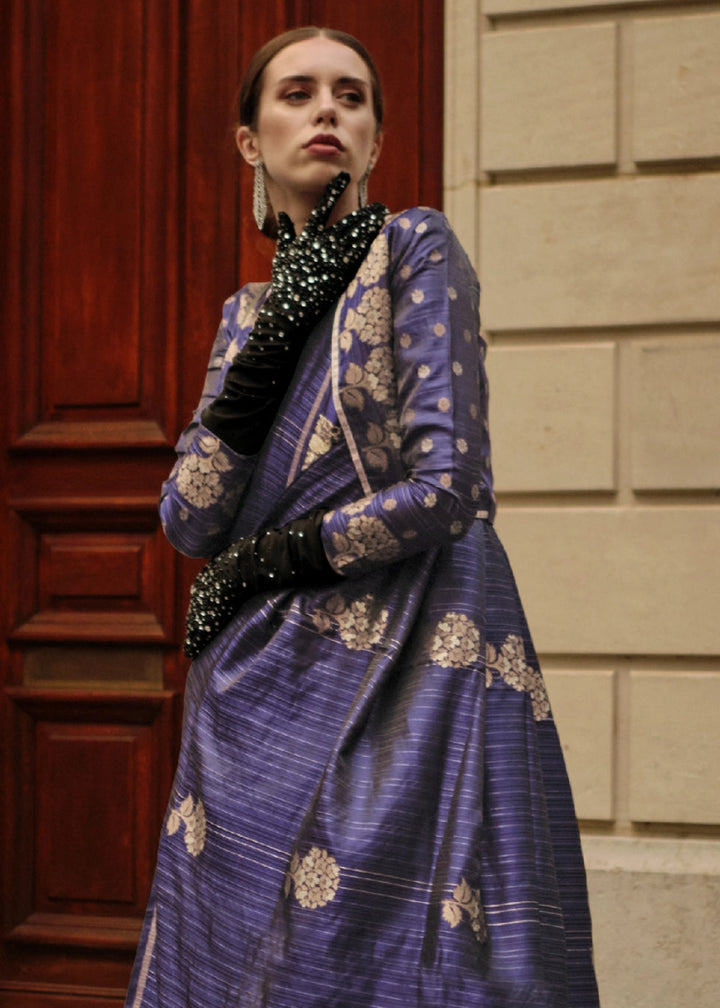 Berry Blue Zari Woven Saree In Soft Satin Silk With Luxe Finish - House of Sarvati LLC