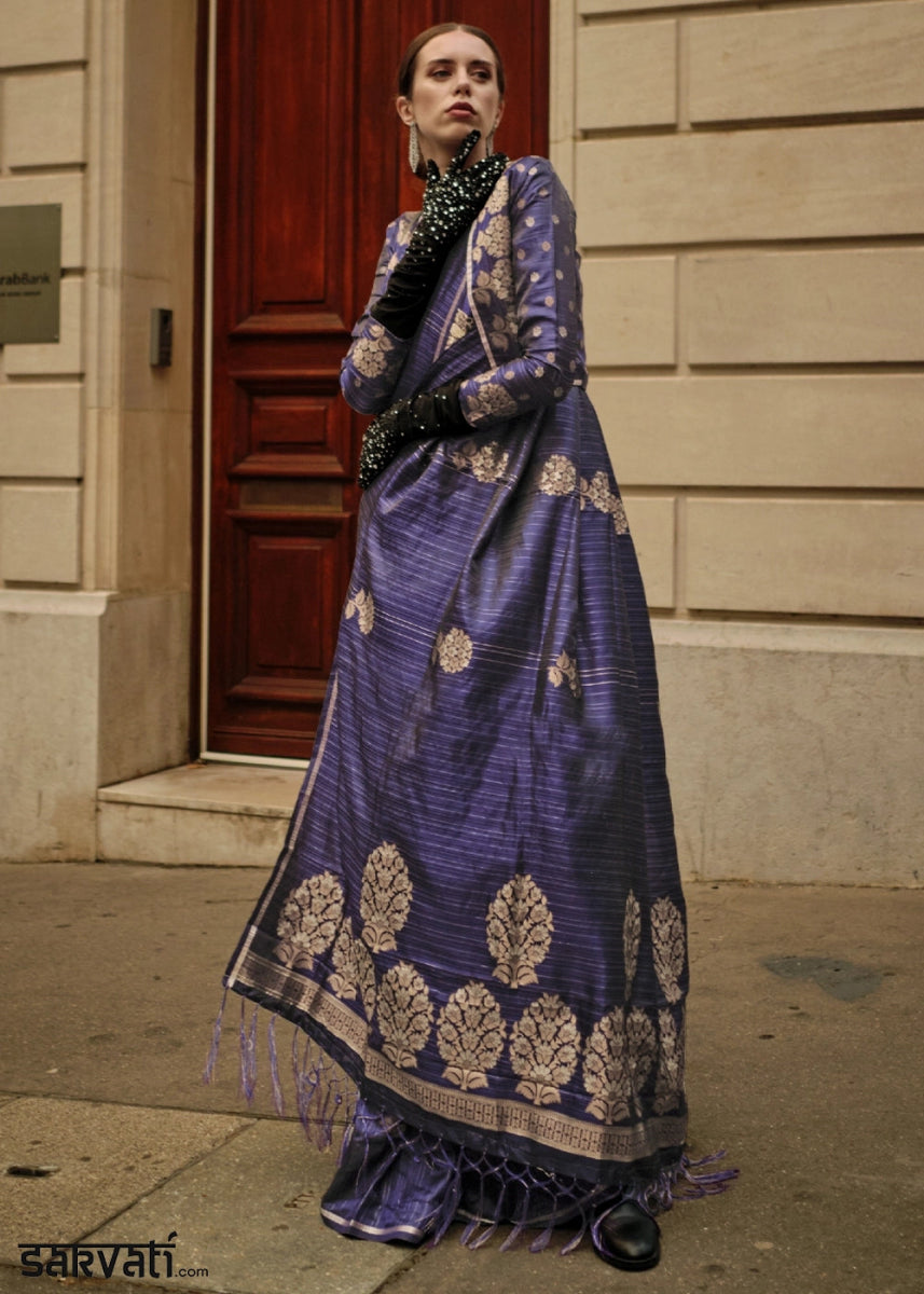 Berry Blue Zari Woven Saree In Soft Satin Silk With Luxe Finish - House of Sarvati LLC