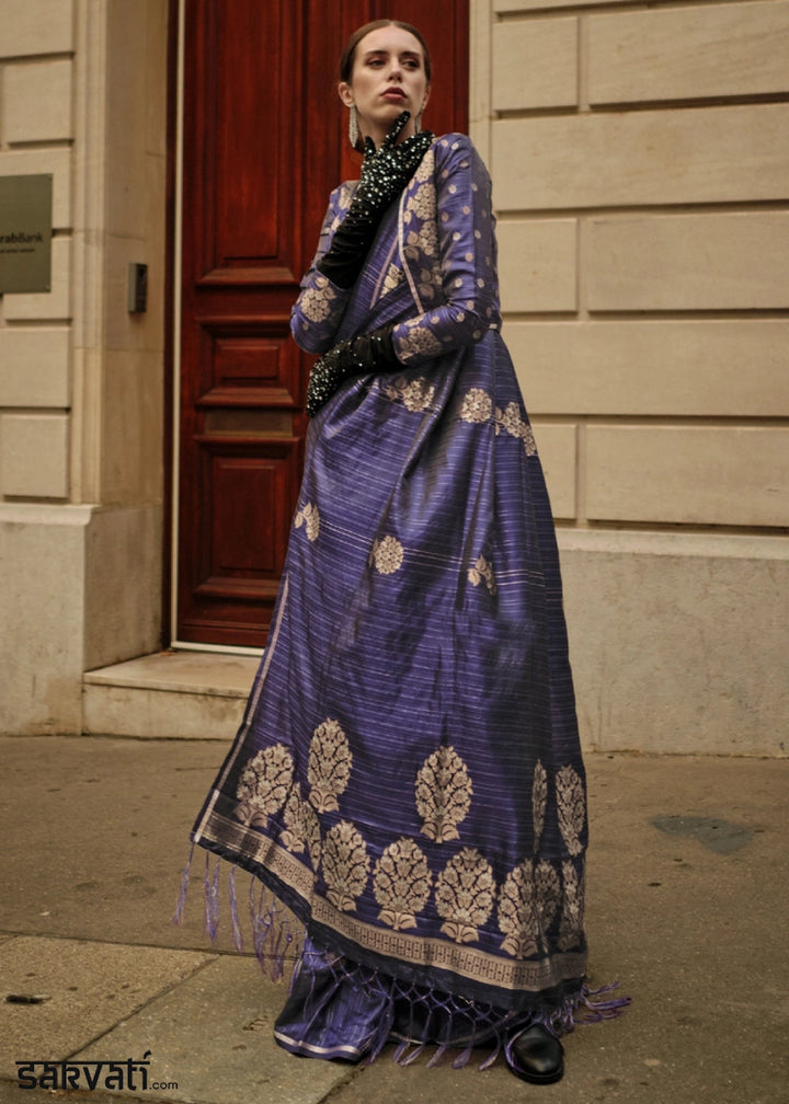 Berry Blue Zari Woven Saree In Soft Satin Silk With Luxe Finish - House of Sarvati LLC