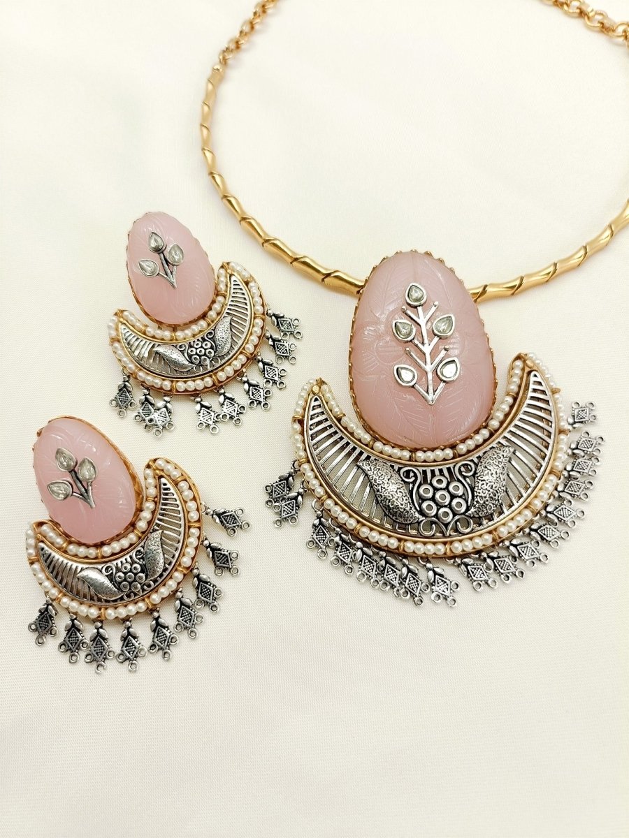 Bhavini Baby Pink Boutique Hasli Styled Necklace Set - House of Sarvati LLC