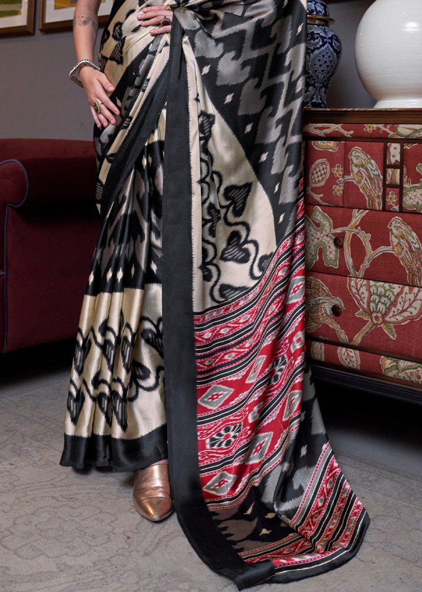 Black & Cream Satin Crepe Saree with Traditional Patola Print - House of Sarvati LLC