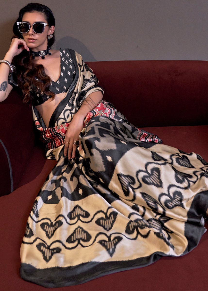 Black & Cream Satin Crepe Saree with Traditional Patola Print - House of Sarvati LLC