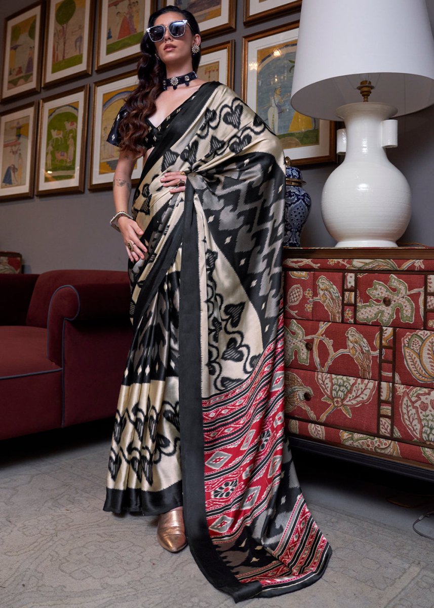 Black & Cream Satin Crepe Saree with Traditional Patola Print - House of Sarvati LLC
