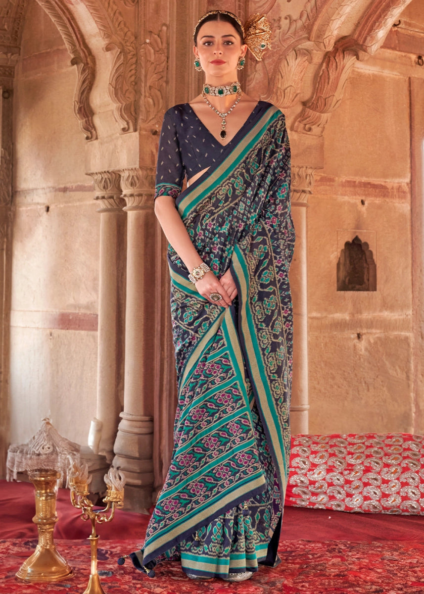 Black & Green Georgette Silk Saree with Ethnic Patola Print - House of Sarvati LLC