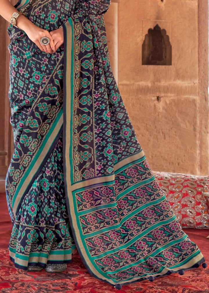 Black & Green Georgette Silk Saree with Ethnic Patola Print - House of Sarvati LLC