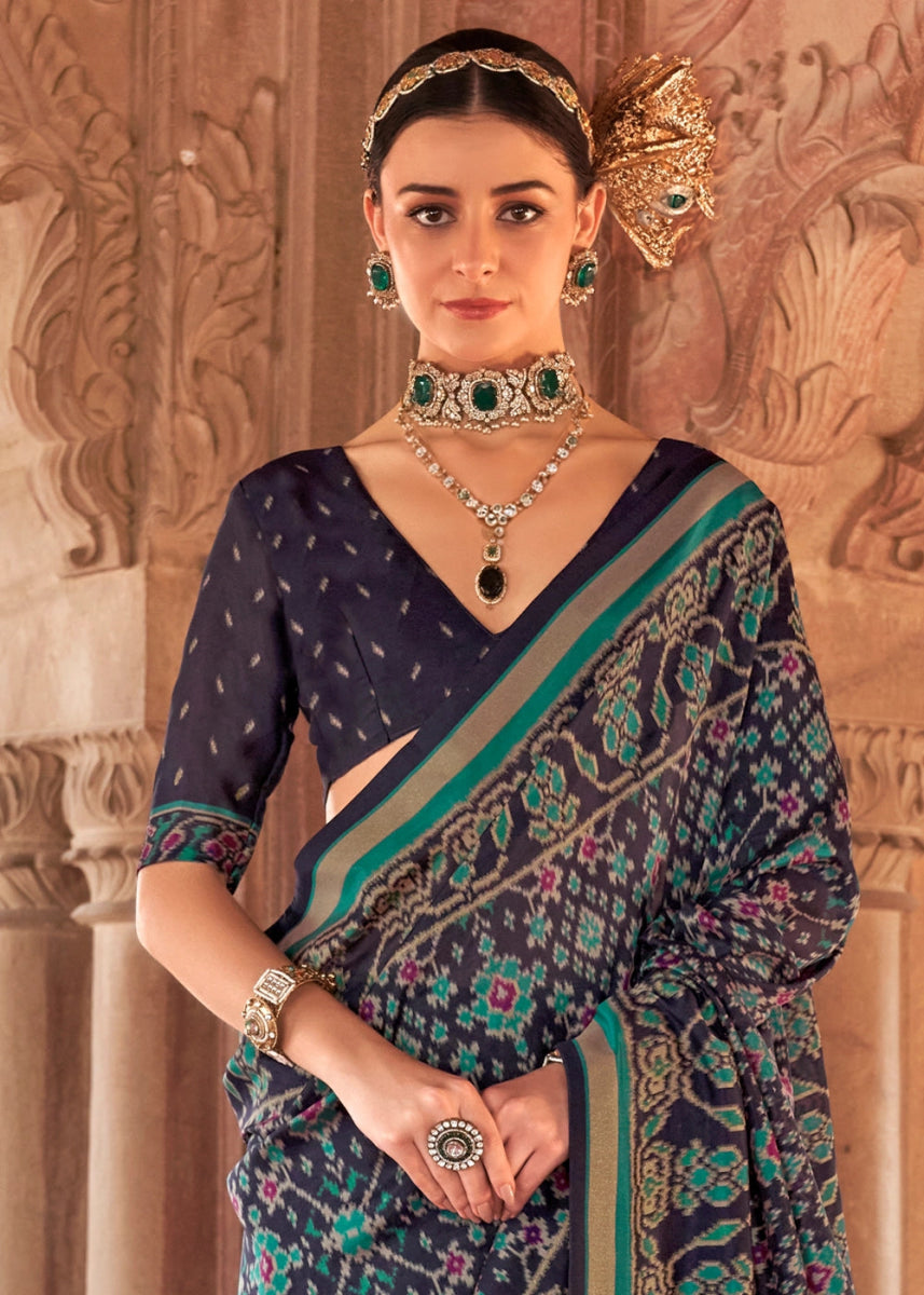 Black & Green Georgette Silk Saree with Ethnic Patola Print - House of Sarvati LLC