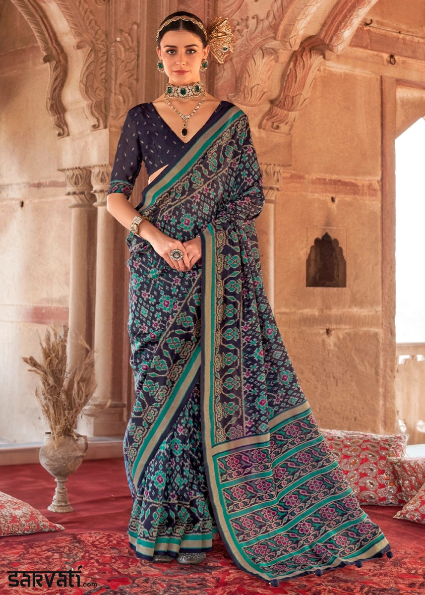 Black & Green Georgette Silk Saree with Ethnic Patola Print - House of Sarvati LLC