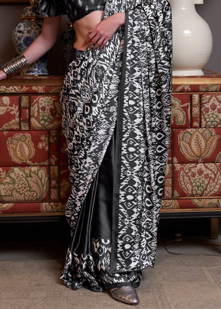Black & White Satin Crepe Saree with Traditional Patola Print - House of Sarvati LLC