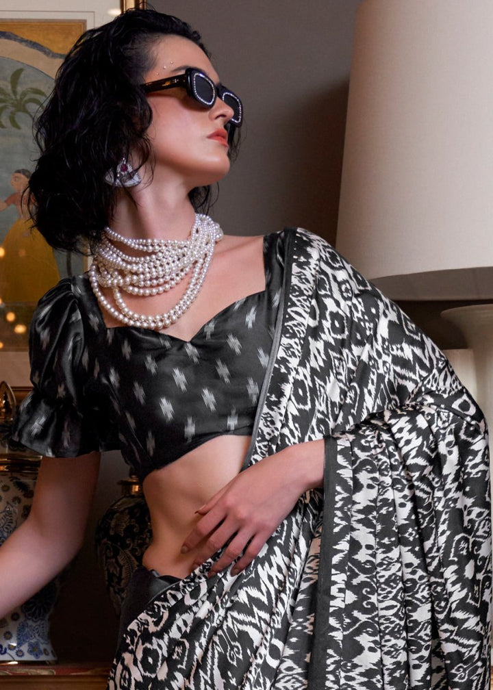 Black & White Satin Crepe Saree with Traditional Patola Print - House of Sarvati LLC