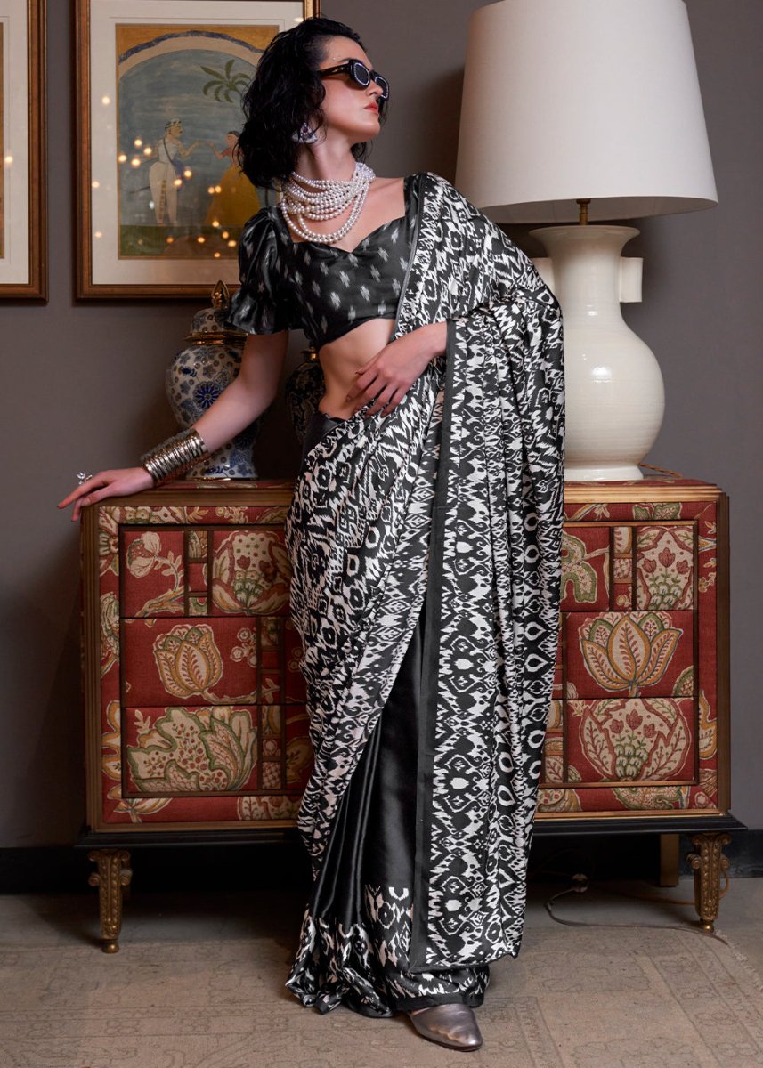 Black & White Satin Crepe Saree with Traditional Patola Print - House of Sarvati LLC