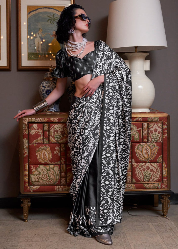 Black & White Satin Crepe Saree with Traditional Patola Print - House of Sarvati LLC