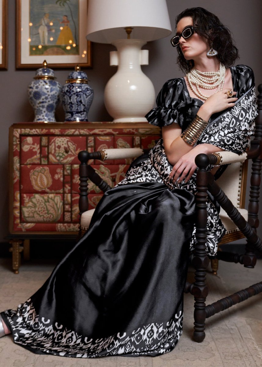 Black & White Satin Crepe Saree with Traditional Patola Print - House of Sarvati LLC