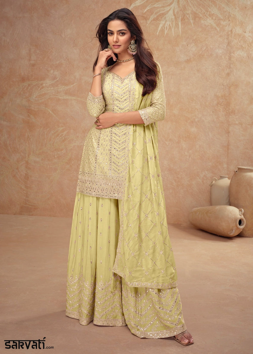 Blonde Yellow Palazzo Suit with Delicate Embroidery on Luxurious Chinon Silk Fabric - House of Sarvati LLC