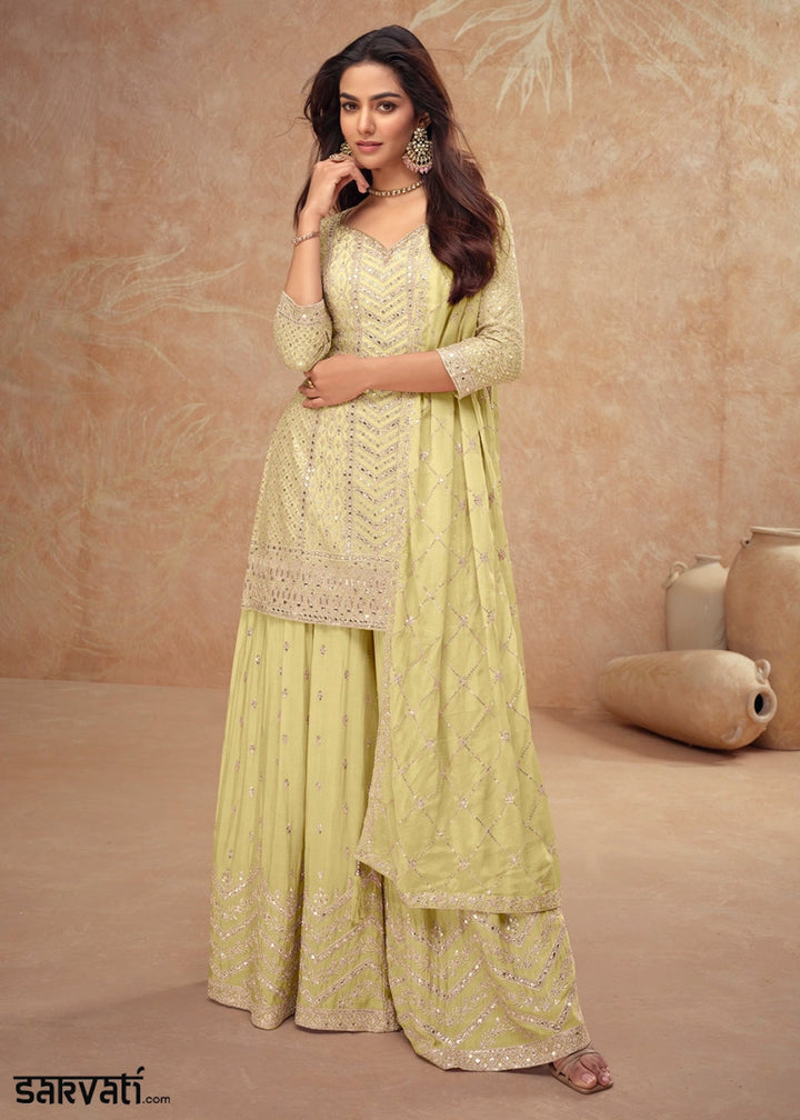Blonde Yellow Palazzo Suit with Delicate Embroidery on Luxurious Chinon Silk Fabric - House of Sarvati LLC
