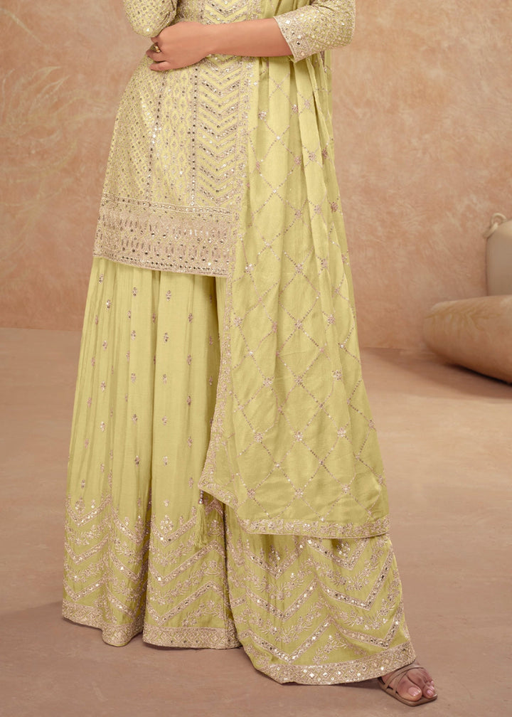 Blonde Yellow Palazzo Suit with Delicate Embroidery on Luxurious Chinon Silk Fabric - House of Sarvati LLC