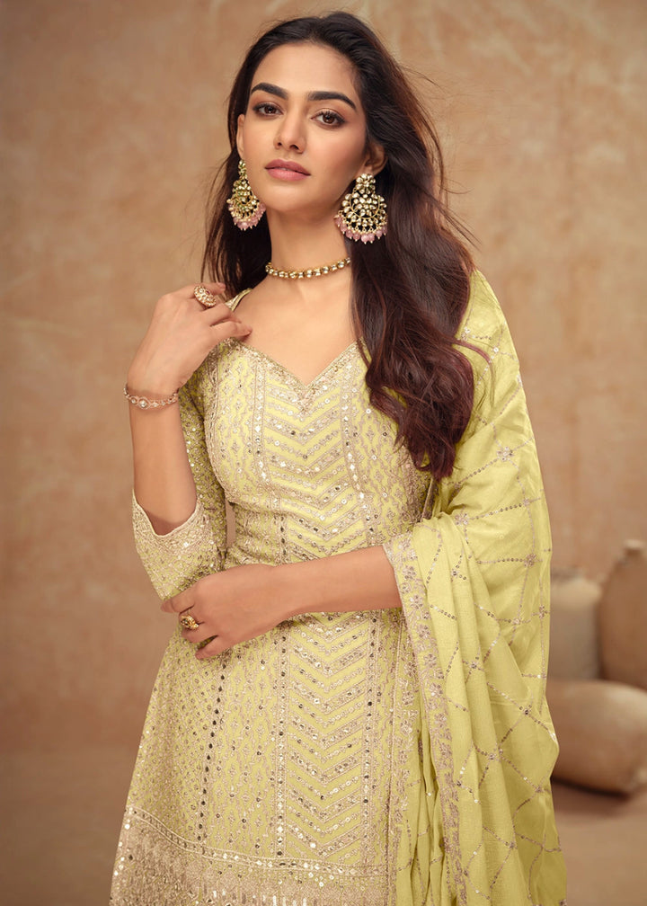 Blonde Yellow Palazzo Suit with Delicate Embroidery on Luxurious Chinon Silk Fabric - House of Sarvati LLC