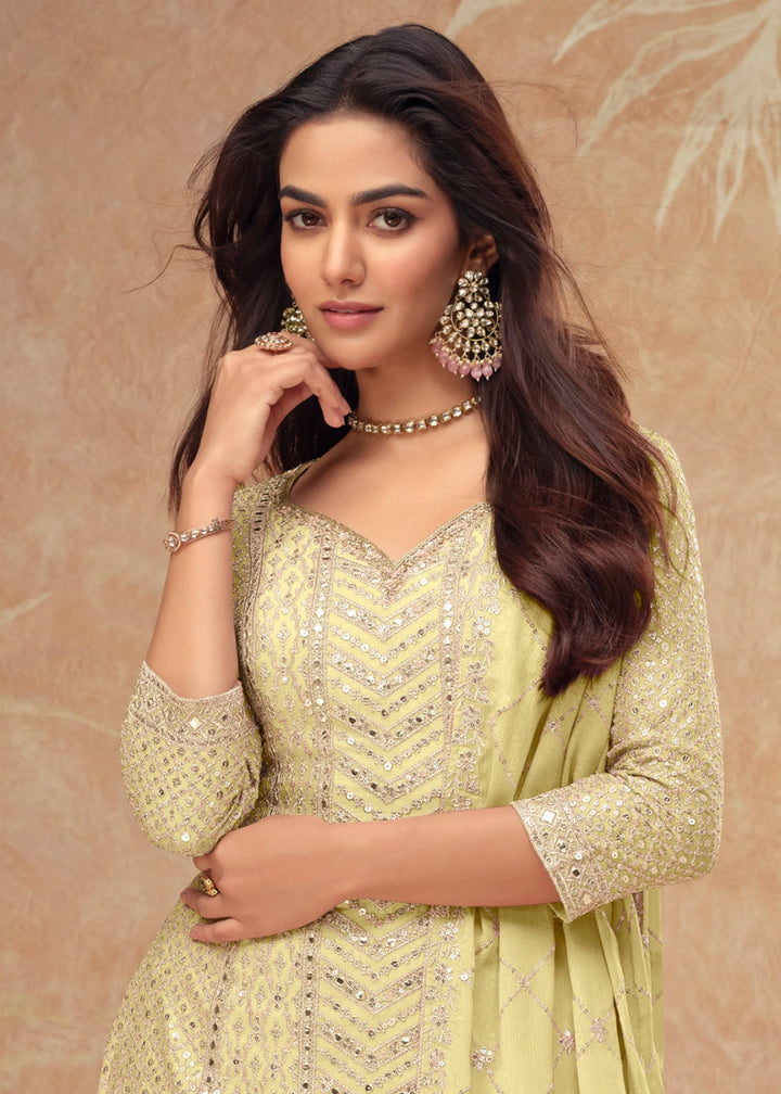 Blonde Yellow Palazzo Suit with Delicate Embroidery on Luxurious Chinon Silk Fabric - House of Sarvati LLC