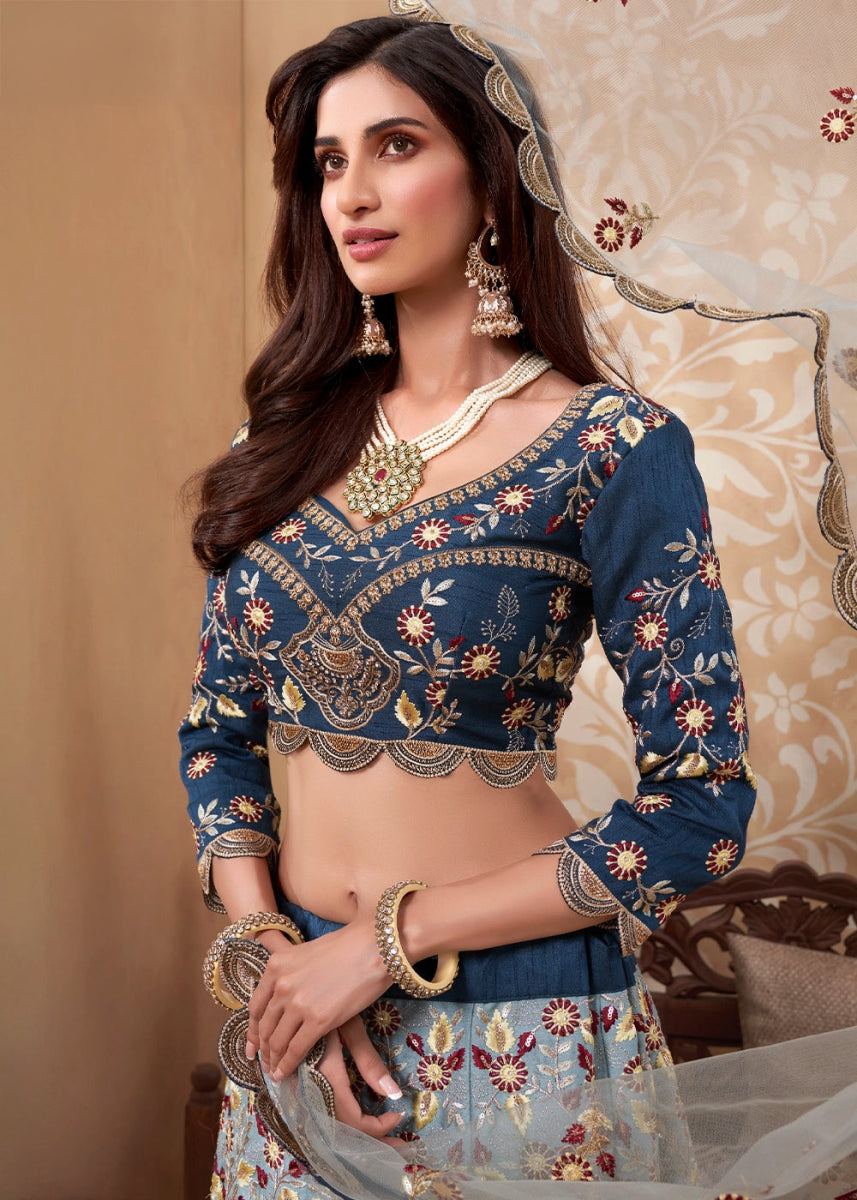 Blue and Cream Silk Lehenga Choli with Floral Hand Embroidery and Zarkan Accents - House of Sarvati LLC