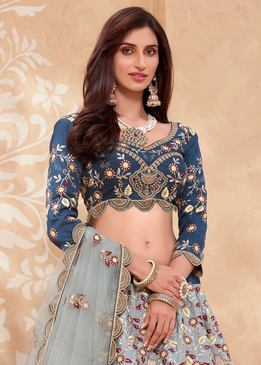 Blue and Cream Silk Lehenga Choli with Floral Hand Embroidery and Zarkan Accents - House of Sarvati LLC