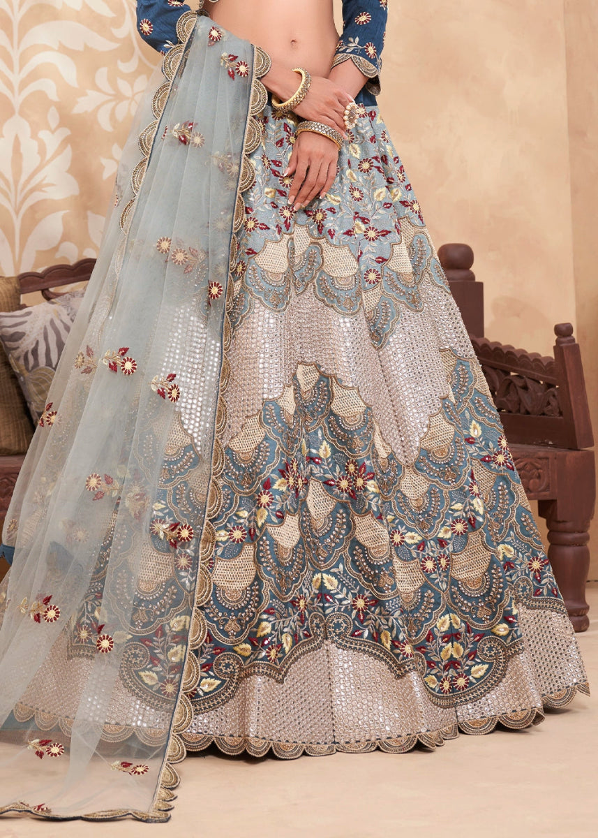 Blue and Cream Silk Lehenga Choli with Floral Hand Embroidery and Zarkan Accents - House of Sarvati LLC