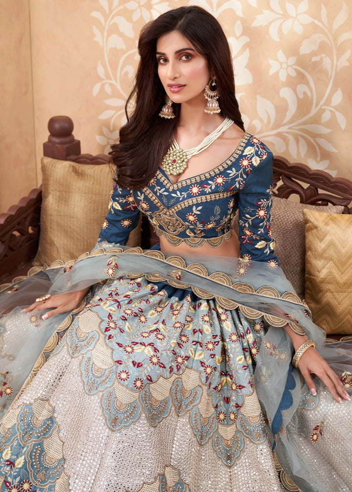 Blue and Cream Silk Lehenga Choli with Floral Hand Embroidery and Zarkan Accents - House of Sarvati LLC