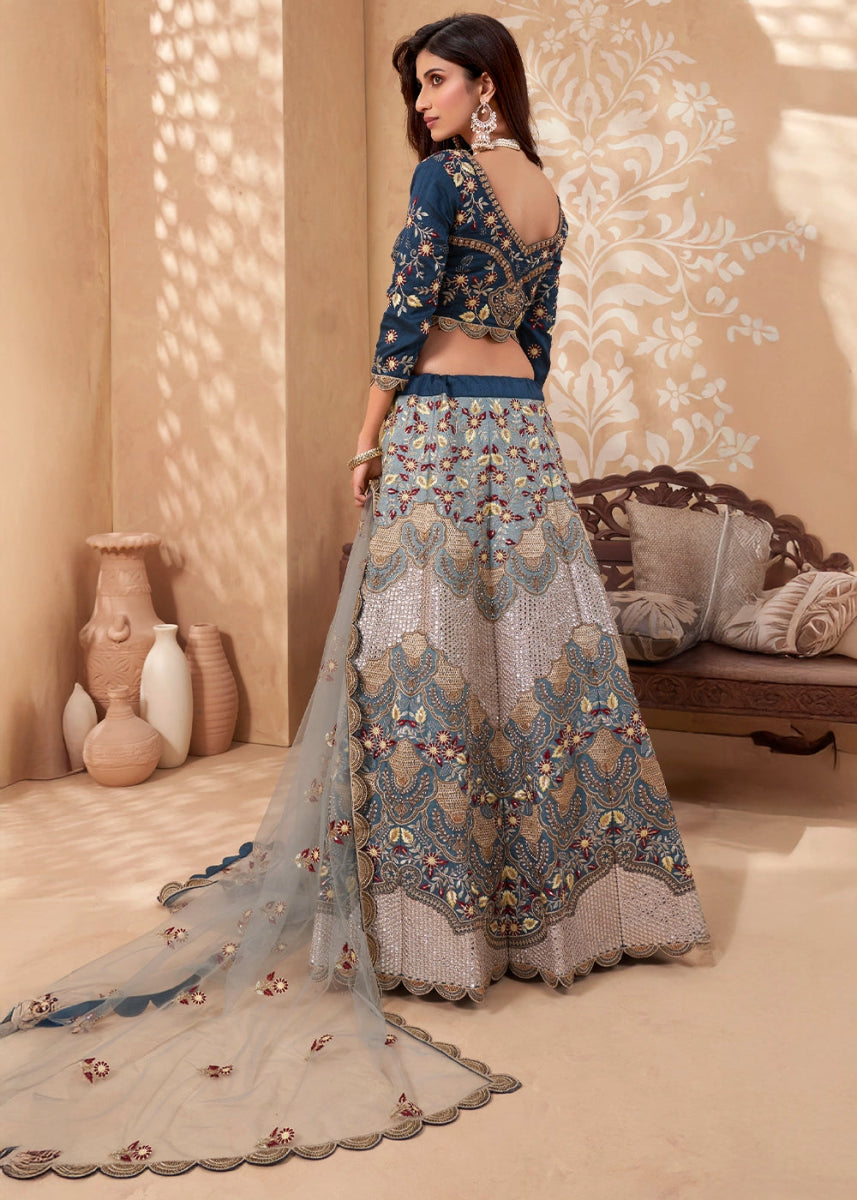 Blue and Cream Silk Lehenga Choli with Floral Hand Embroidery and Zarkan Accents - House of Sarvati LLC