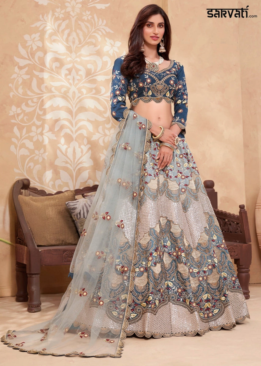Blue and Cream Silk Lehenga Choli with Floral Hand Embroidery and Zarkan Accents - House of Sarvati LLC