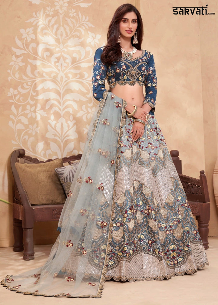 Blue and Cream Silk Lehenga Choli with Floral Hand Embroidery and Zarkan Accents - House of Sarvati LLC