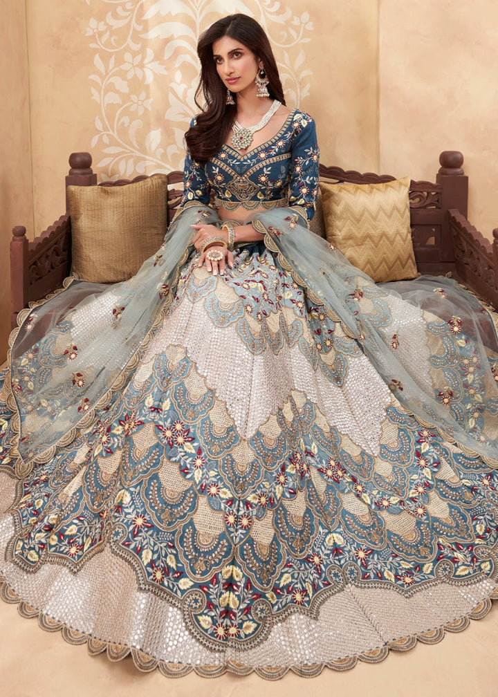 Blue and Cream Silk Lehenga Choli with Floral Hand Embroidery and Zarkan Accents - House of Sarvati LLC