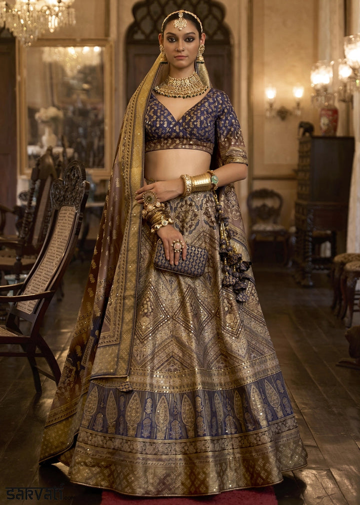 Blue & Brown Embellished Rajwadi Silk Lehenga Choli with Aari Mirror Work - House of Sarvati LLC