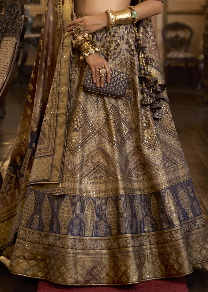 Blue & Brown Embellished Rajwadi Silk Lehenga Choli with Aari Mirror Work - House of Sarvati LLC
