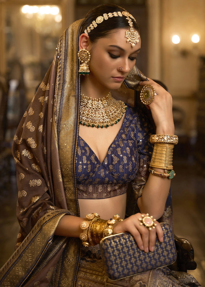 Blue & Brown Embellished Rajwadi Silk Lehenga Choli with Aari Mirror Work - House of Sarvati LLC