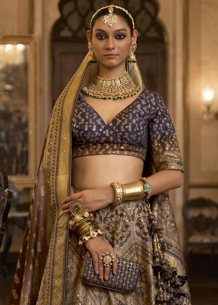 Blue & Brown Embellished Rajwadi Silk Lehenga Choli with Aari Mirror Work - House of Sarvati LLC