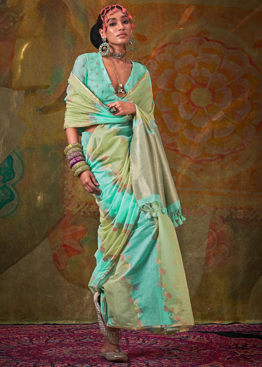 Blue & Green Rangkaat Handloom Woven Cotton Silk Saree - House of Sarvati LLC