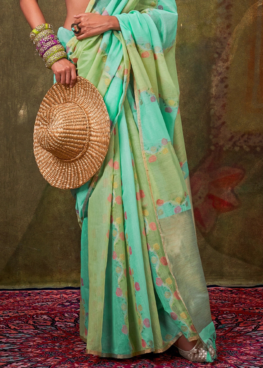 Blue & Green Rangkaat Handloom Woven Cotton Silk Saree - House of Sarvati LLC