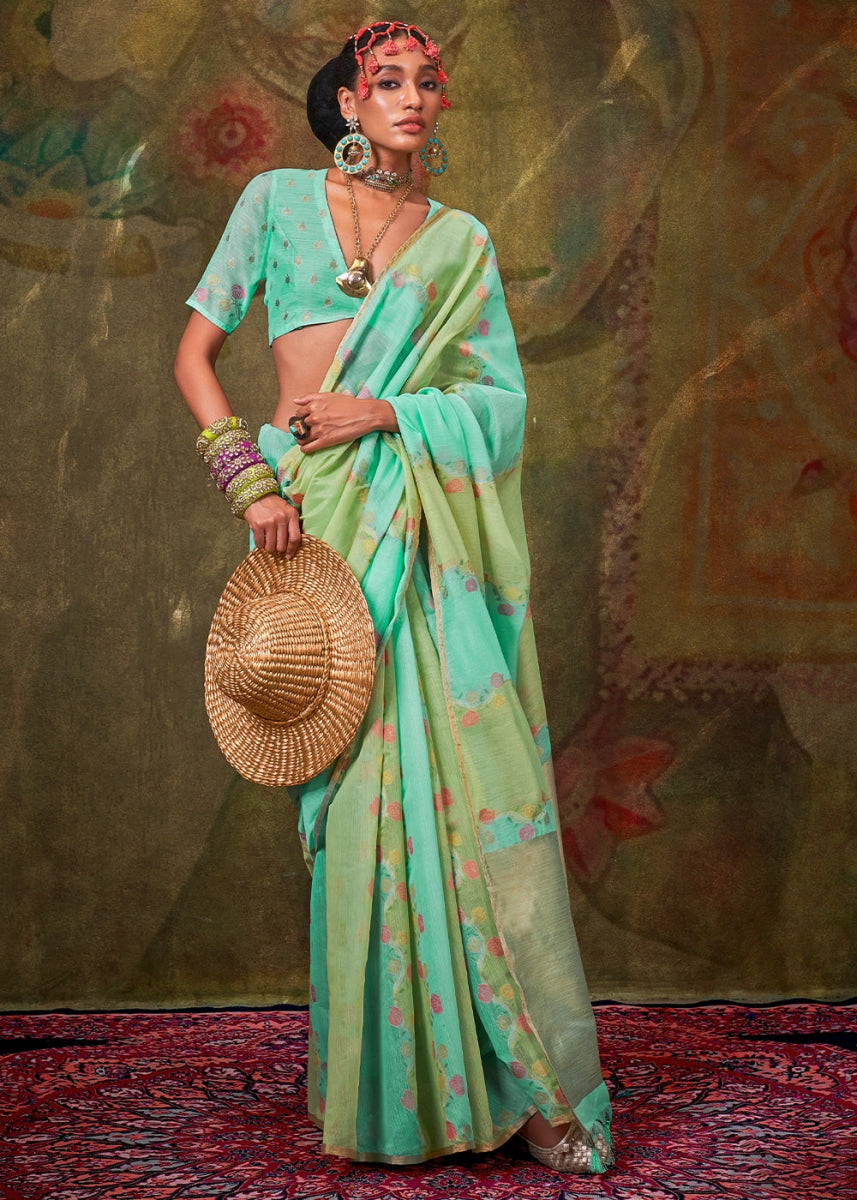 Blue & Green Rangkaat Handloom Woven Cotton Silk Saree - House of Sarvati LLC