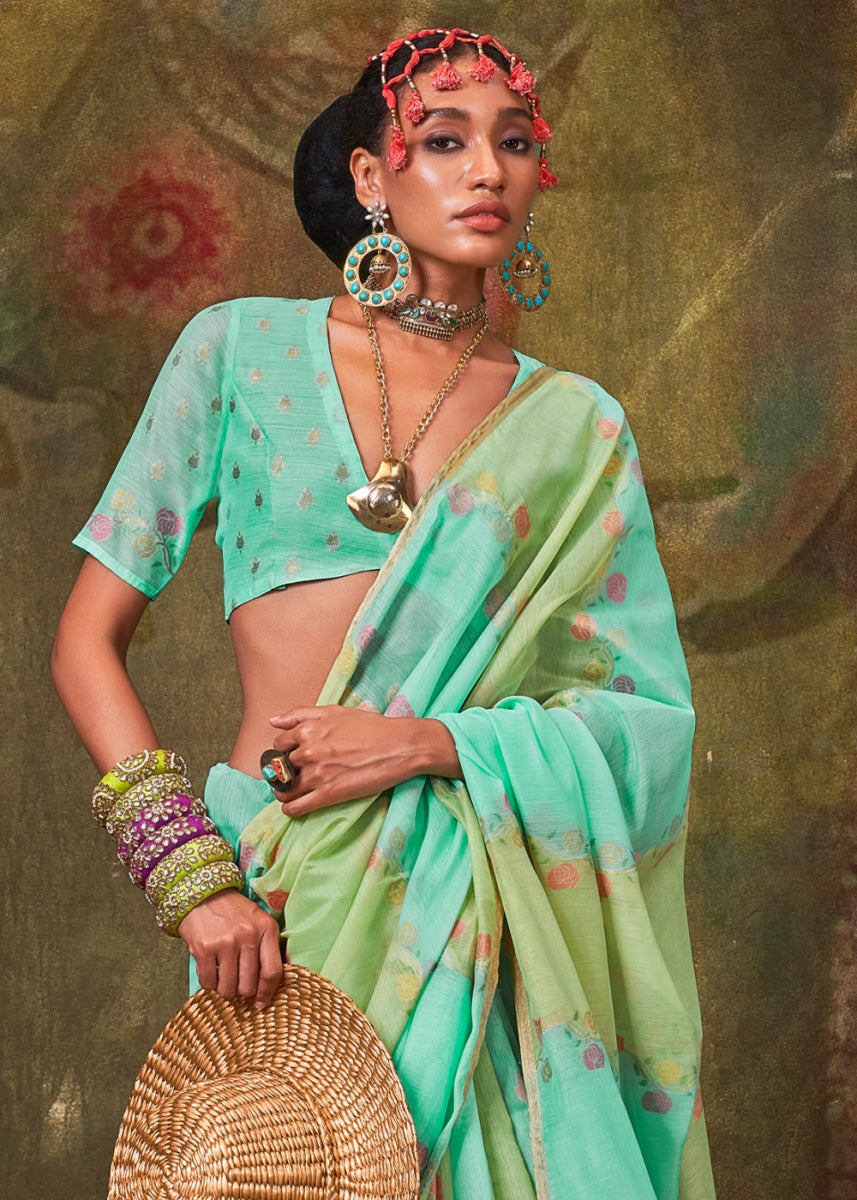 Blue & Green Rangkaat Handloom Woven Cotton Silk Saree - House of Sarvati LLC