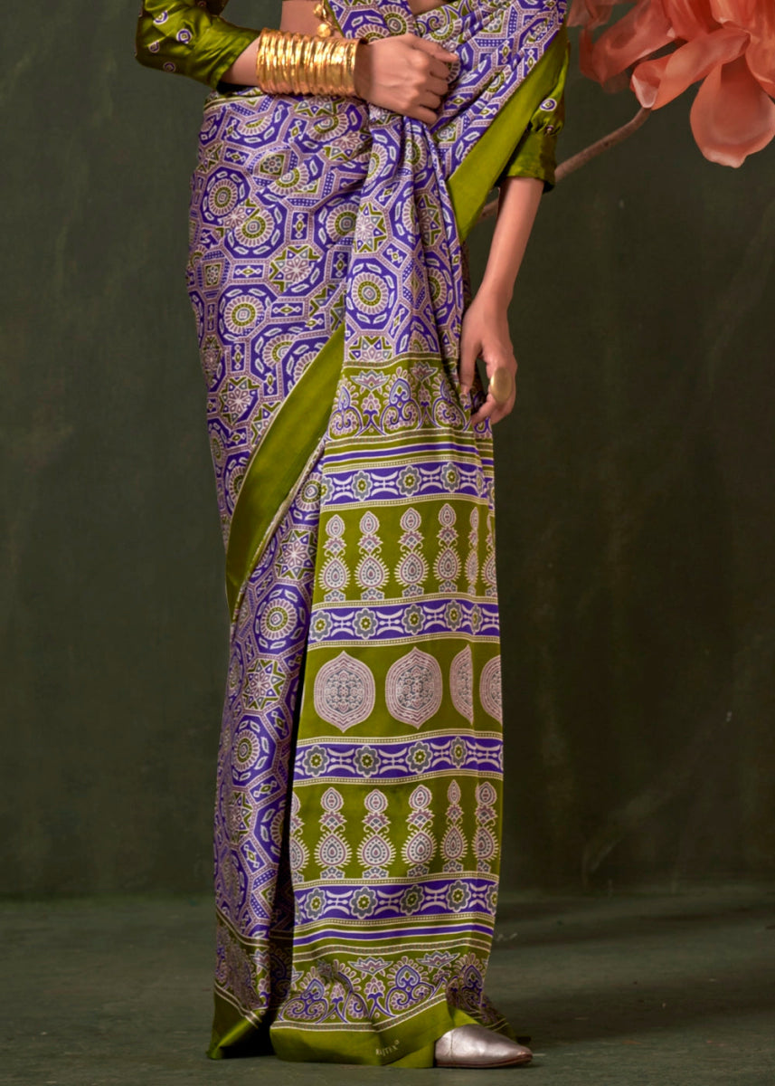 Blue & Green Satin Crepe Saree Featuring Rich Ajrakh Prints - House of Sarvati LLC