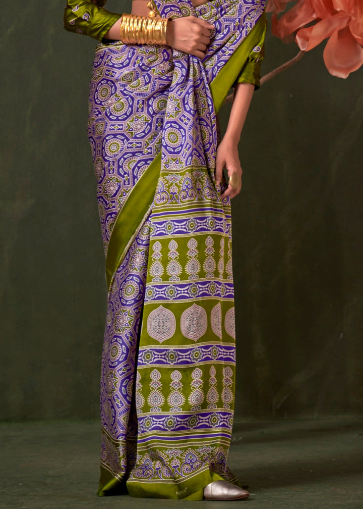 Blue & Green Satin Crepe Saree Featuring Rich Ajrakh Prints - House of Sarvati LLC