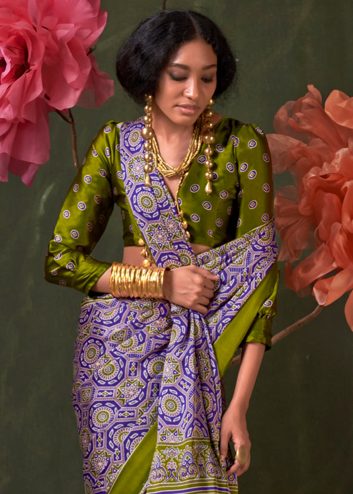 Blue & Green Satin Crepe Saree Featuring Rich Ajrakh Prints - House of Sarvati LLC
