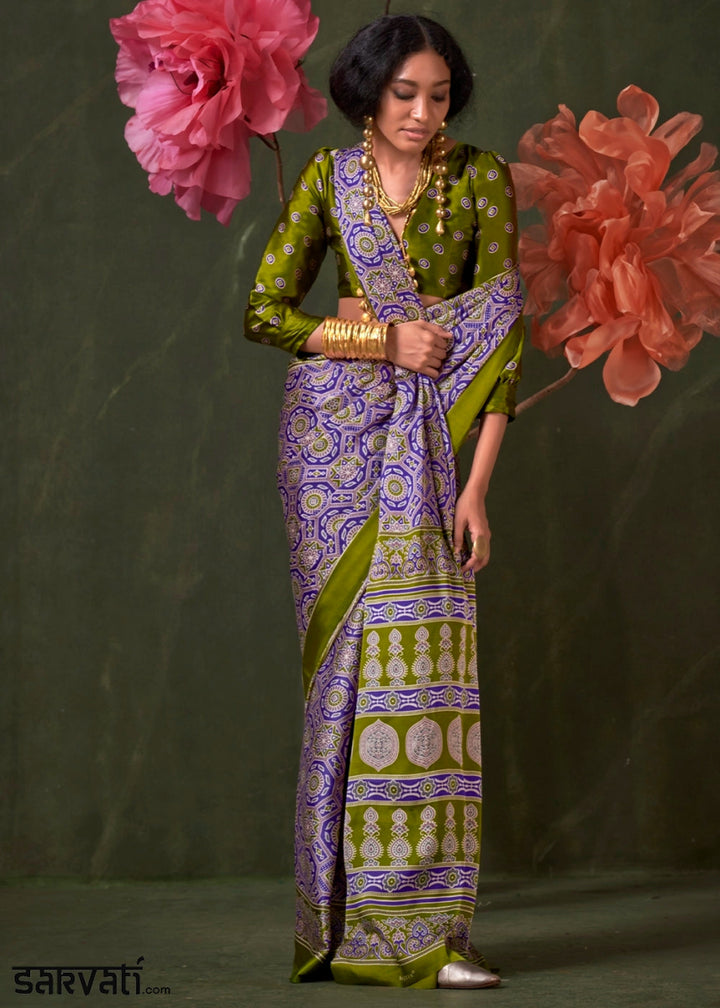 Blue & Green Satin Crepe Saree Featuring Rich Ajrakh Prints - House of Sarvati LLC