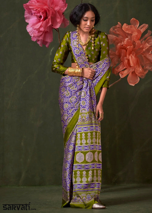 Blue & Green Satin Crepe Saree Featuring Rich Ajrakh Prints