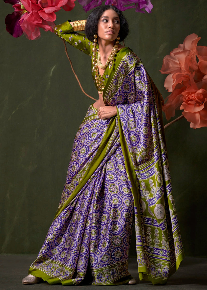 Blue & Green Satin Crepe Saree Featuring Rich Ajrakh Prints - House of Sarvati LLC