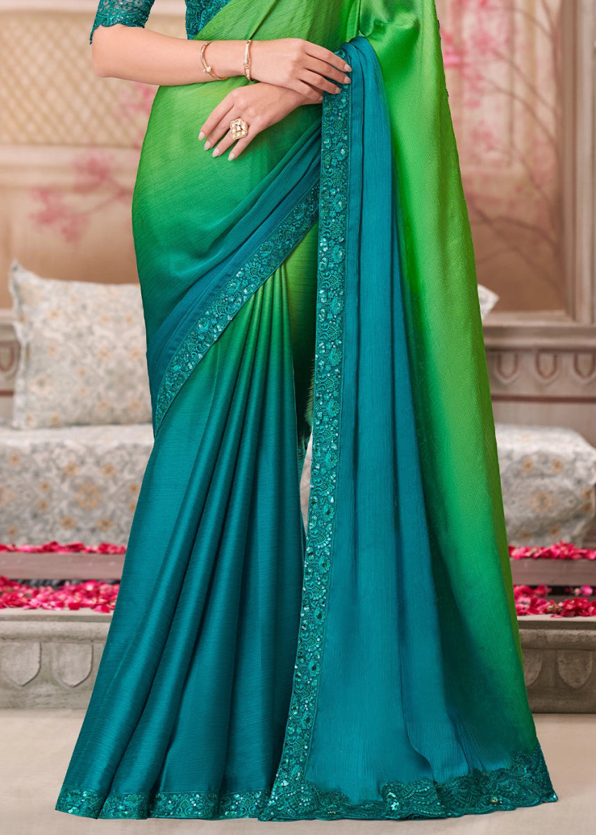 Blue & Green Shades Satin Chiffon Saree With Detailed Embroidery And Luxe Appeal - House of Sarvati LLC